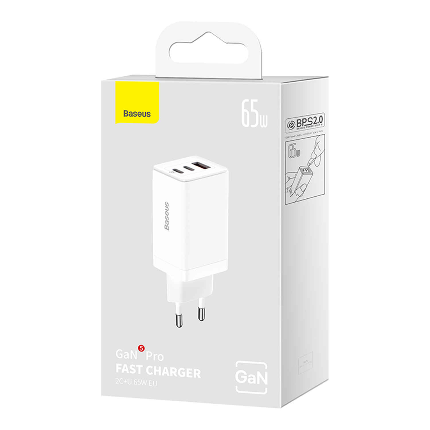 Un cargador rápido Baseus 65W GaN Pro blanco se muestra en su caja. La caja es blanca con el logo de Baseus y detalles del producto.