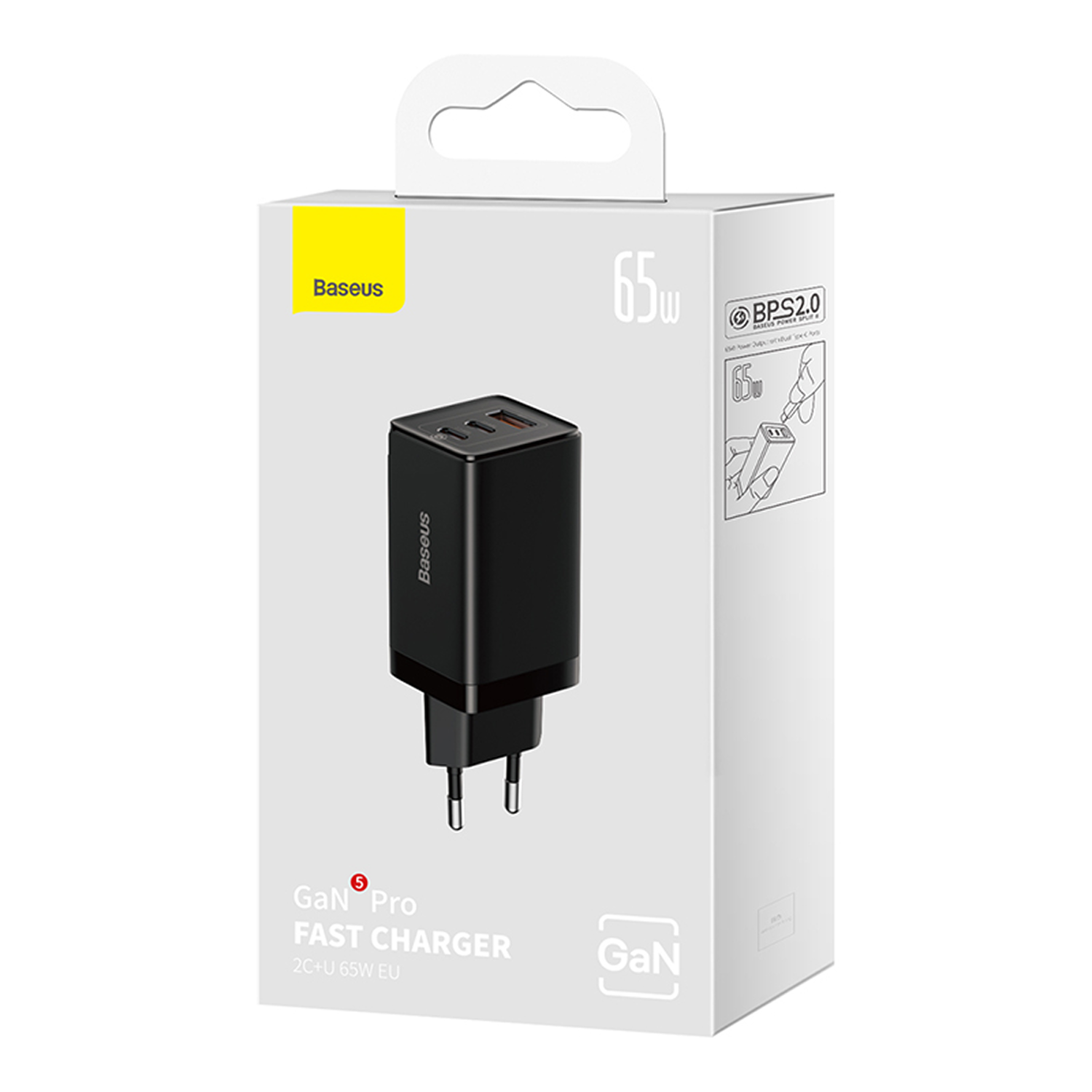 Un cargador rápido Baseus 65W GaN Pro en su caja blanca. El cargador es negro, con dos puertos y enchufe de la UE.