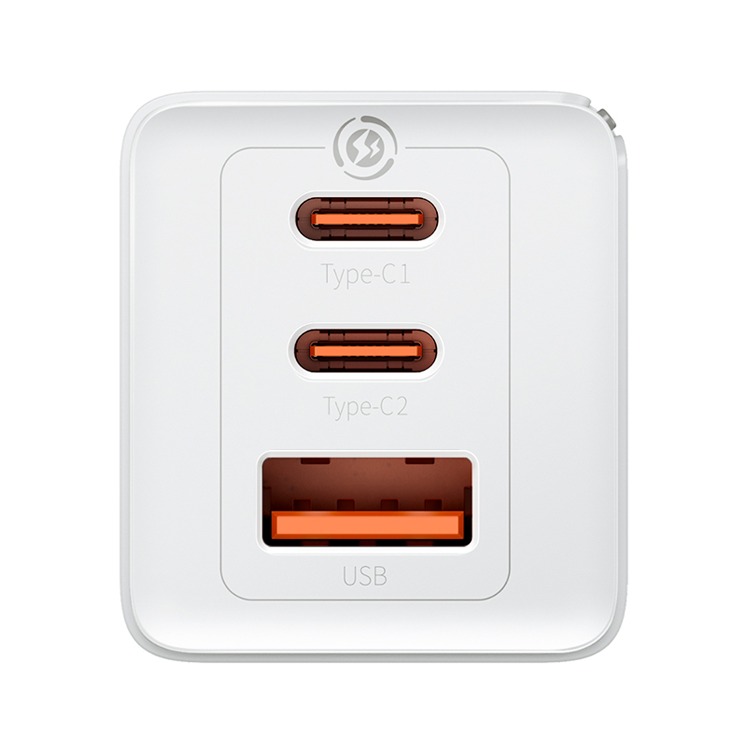 Cargador blanco con tres puertos: Tipo-C1, Tipo-C2 y USB. Cada puerto tiene un interior naranja. Un símbolo de rayo en la parte superior.