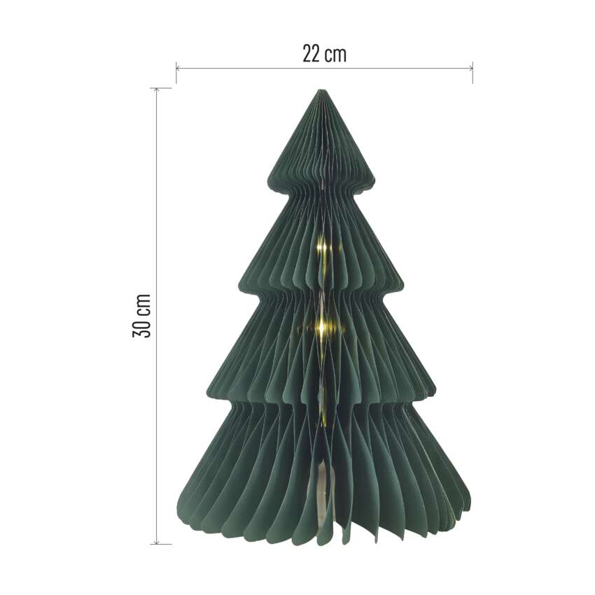 Egy dekoratív, sötétzöld papír karácsonyfa világítással. 30 cm magas és 22 cm széles. A háttér fehér.