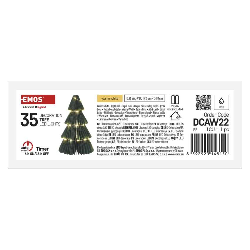 Fehér termékdoboz felirattal, karácsonyfa illusztrációval és vonalkóddal.