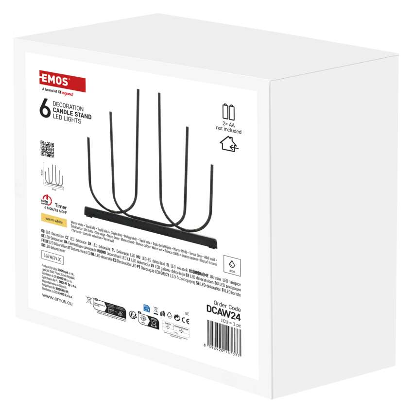 Fehér doboz gyertyatartóval, fekete kerettel. Szöveg: Decoration Candle Stand LED Lights, 2x AA nincs mellékelve.