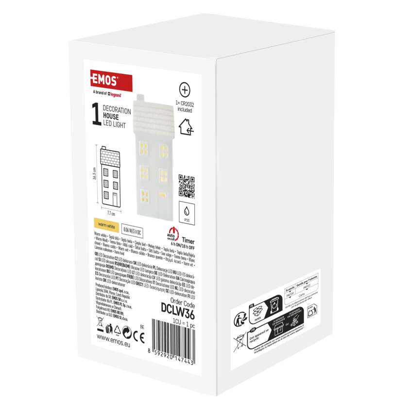 Egy fehér doboz, rajta egy ház alakú LED-es lámpa illusztrációval. Szöveg és QR-kód is látható.