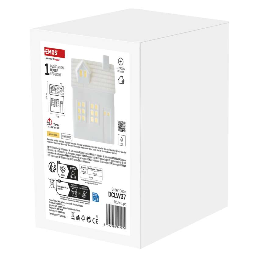 Egy fehér doboz, rajta egy kis ház alakú LED-es lámpával. A szöveg tartalmazza a 'DECORATION HOUSE LED LIGHT' és a 'DCLW37' szavakat.
