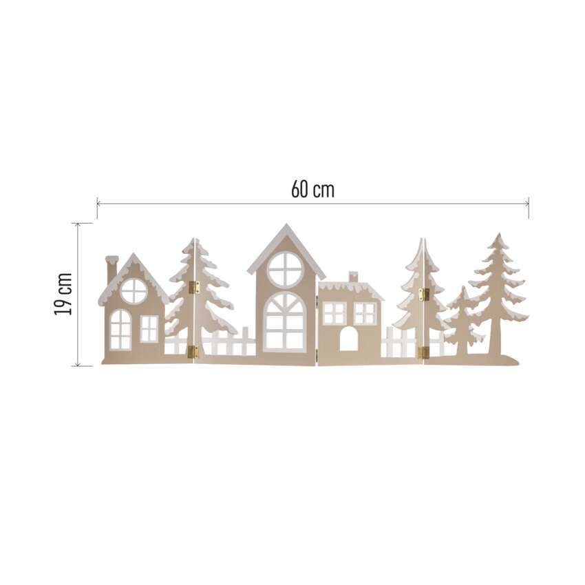 Fa karácsonyi dekoráció házakkal és fákkal, 60 cm széles és 19 cm magas, fehér háttéren.