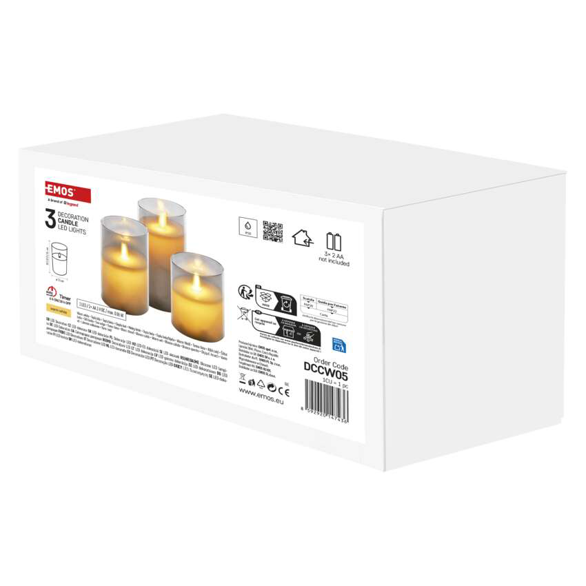 3 LED gyertya doboza. A doboz fehér, szöveggel és képekkel. A gyertyák lánghatásúak.