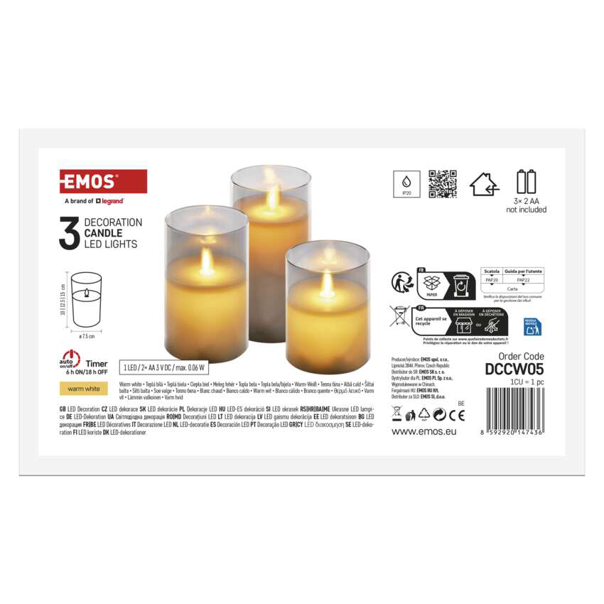 Termékdoboz három LED-gyertyával üveghengerekben. Szöveges részletek LED-es lámpák, márkanév és specifikációk.