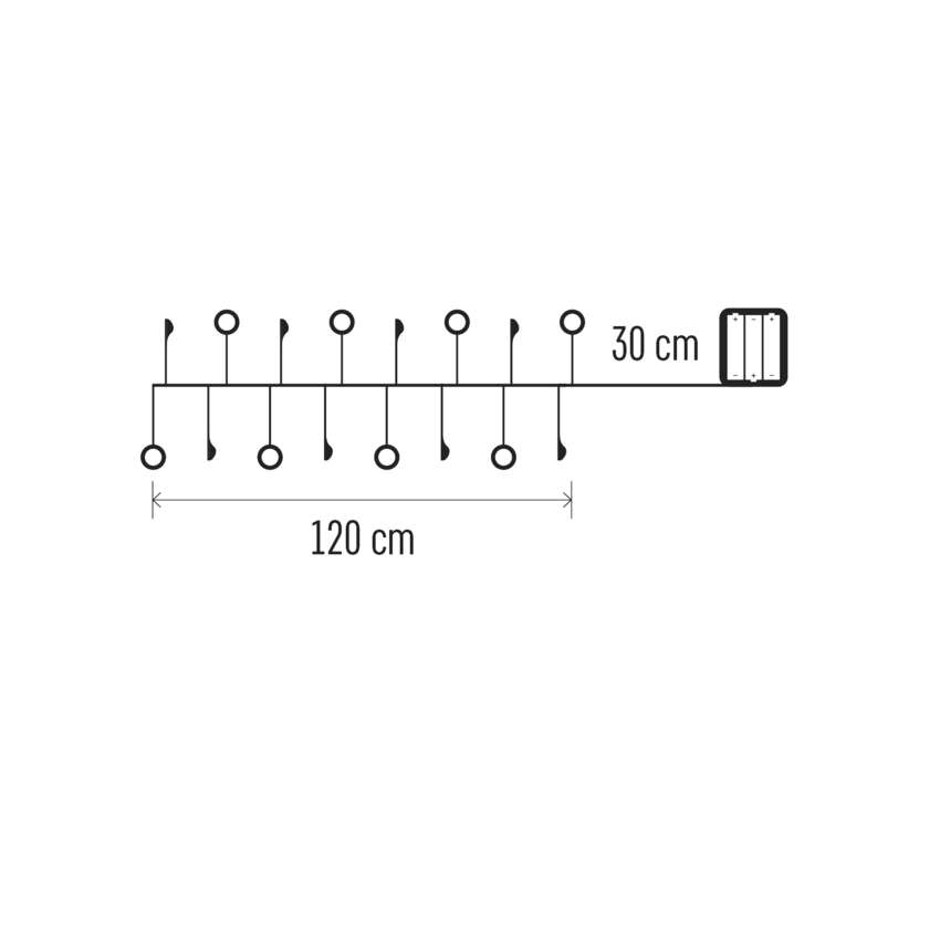 Egy diagram, amely egy vízszintes vonalat mutat 10 körrel és 9 függőleges vonallal, 120 cm-rel feliratozva. Egy 30 cm-es téglalap jobbra.