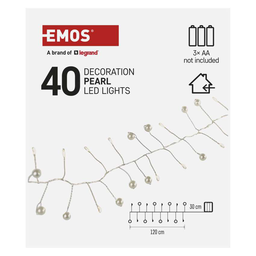 A képen gyöngy LED-lámpák láthatók, 40 darab, EMOS márka. 3 db AA elem szükséges. A lámpák 120 cm hosszúak és 30 cm szélesek.