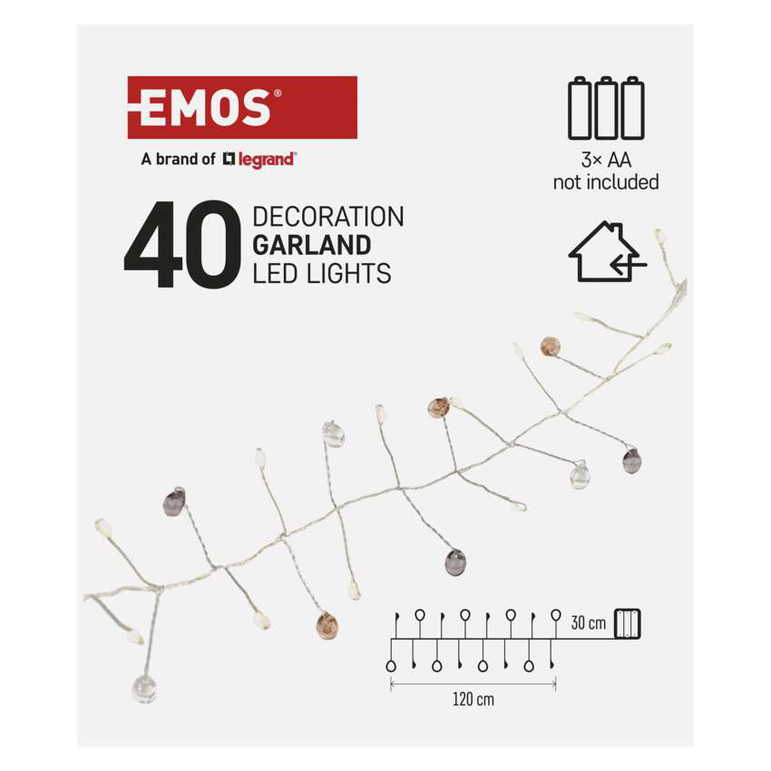 40 LED-es füzér. A csomagoláson a márkanév, az akkumulátorok szükségessége és a méretek láthatók.