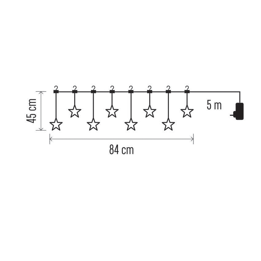 Csillag alakú lámpák diagramja, méretek: 84 cm széles, 45 cm magas. Egy 5 méteres kábel egy adapterhez vezet.