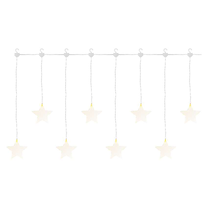 Fénysor nyolc ragyogó csillag alakú díszítménnyel, amelyek egy fehér drótról lógnak fehér háttér előtt.