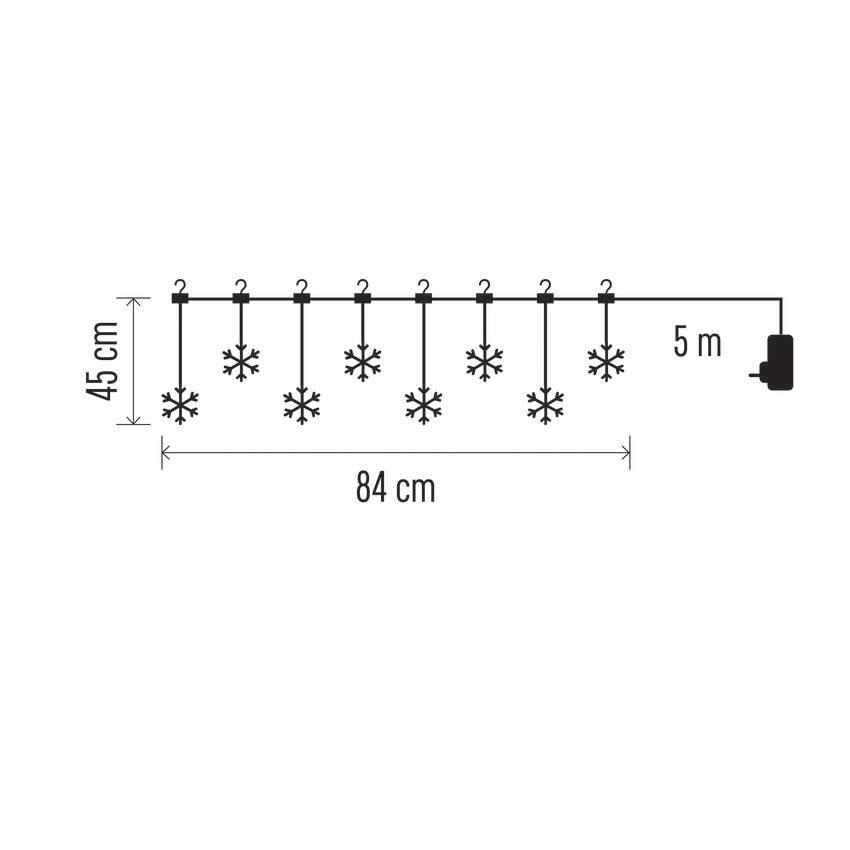 Diagram, hópelyhekkel díszített fényfüzér. 84 cm széles, 45 cm hosszú, 5 m-es kábellel.