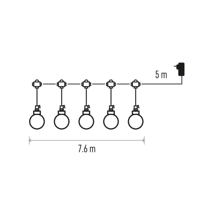Öt izzóból álló füzér diagramja. Méreteket mutat: 7,6 m a lámpák mentén, 5 m a dugaszhoz. Fekete-fehér.