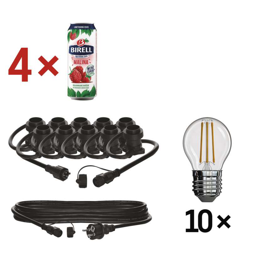 A képen 4 doboz málnás ital, fekete csatlakozók, egy tápkábel és 10 izzó látható. Mindez fehér háttérrel.