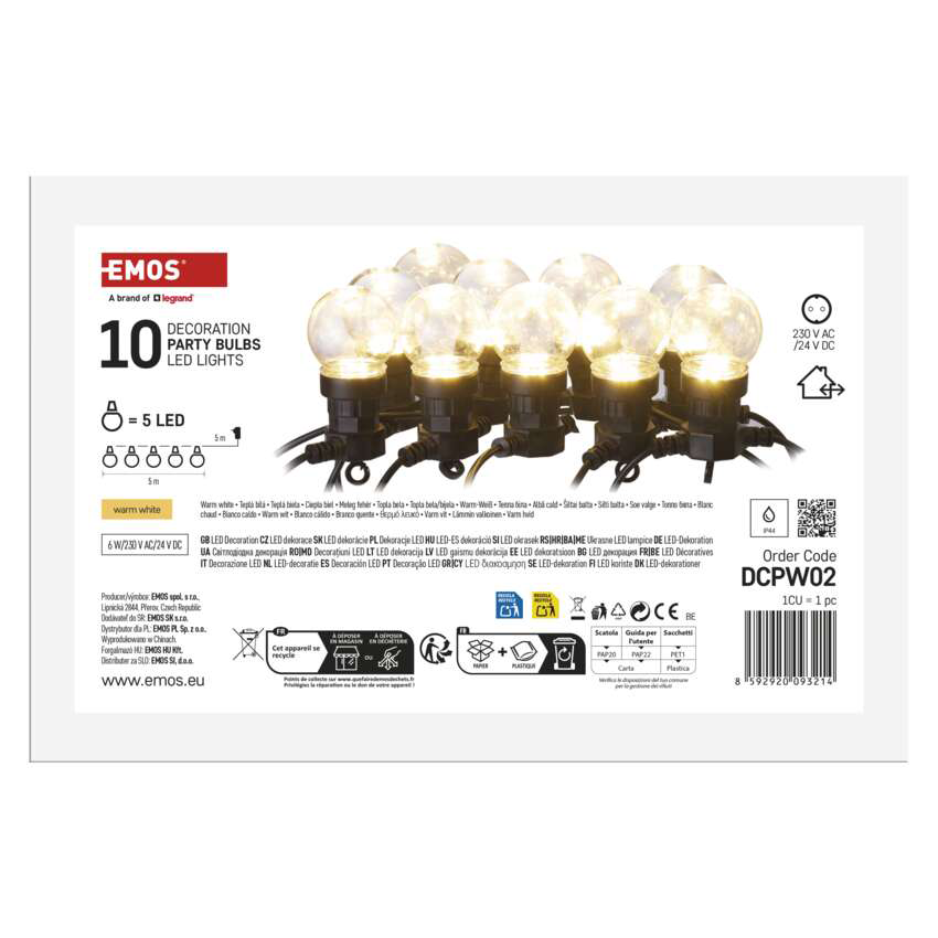 Egy csomag 10 LED-es party izzósorral, meleg fehér fénnyel, fehér háttéren.