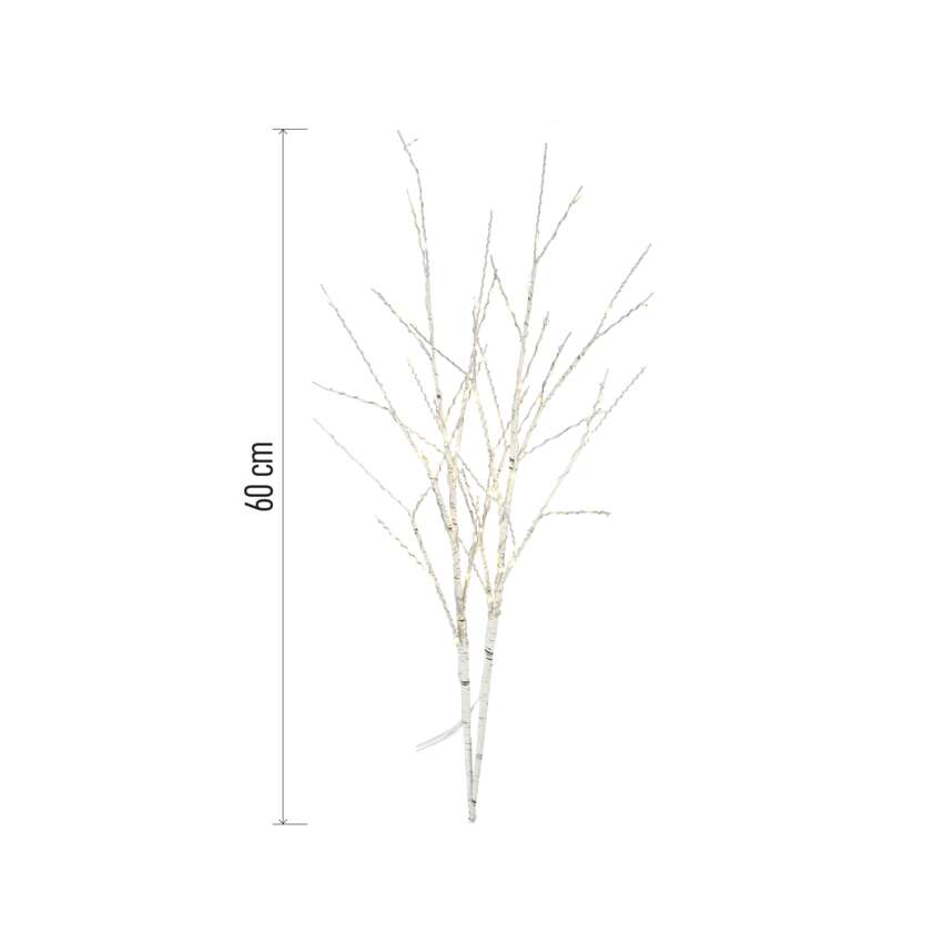 Nyírfaágak apró fényekkel. A magasságot egy 60 cm-es vonal mutatja. Fehér háttér.