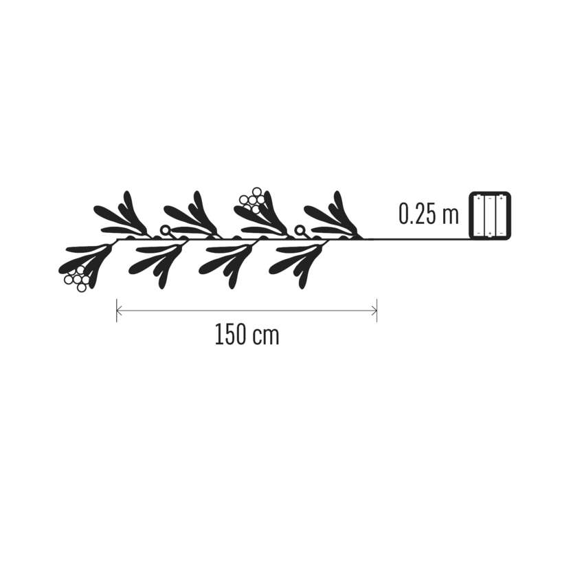 Fekete dekoratív szőlőfürt bogyókkal és levelekkel. Méretek: 150 cm hosszú, 0,25 m magas.