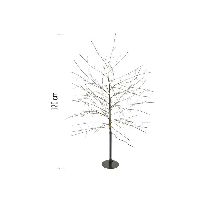 Egy dekoratív fa csupasz ágakkal és kis lámpákkal. Fekete talppal rendelkezik, és a méretjelző 120 cm.