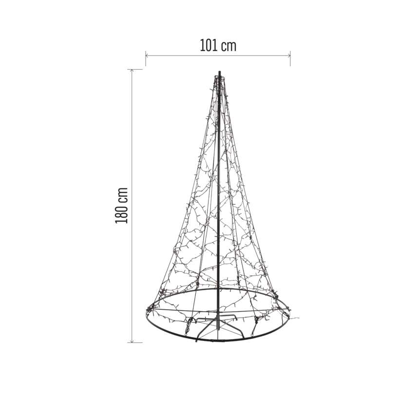 Fém kúp alakú szerkezet lámpákkal, 180 cm magas és 101 cm széles. Fehér háttéren, termékfotó.