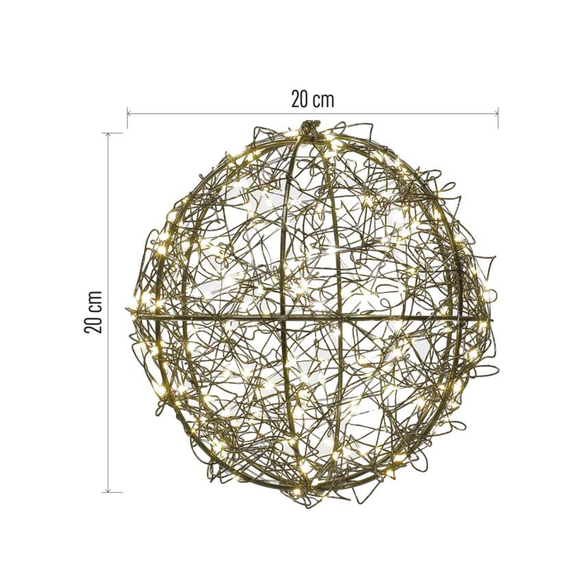 Egy gömb alakú dekorációs lámpatest. Összefonódó fémhuzalokból készült, apró lámpákkal. A méretek 20 cm-esek.