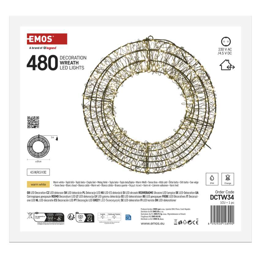 A termékdoboz 480 LED-es lámpával ellátott koszorút mutat. Az információk a márkát, a termék részleteit és a rendelési kódot tartalmazzák.