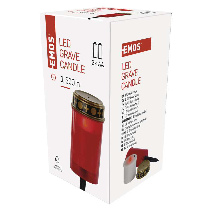 Piros LED sírgyertya dobozban. A dobozon az EMOS márka és a 'LED GRAVE CANDLE' szöveg látható.