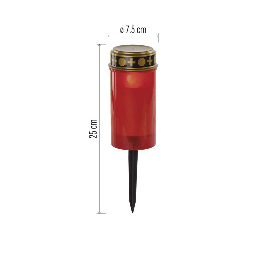 Egy piros műanyag gyertyatartó fekete karóval. A teteje arany, kereszt szimbólumokkal. Méretek: 7,5 cm és 25 cm.