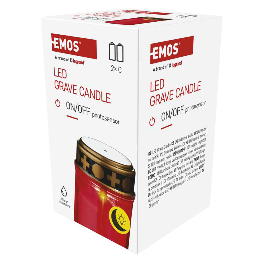 Egy piros LED-es sírgyertya fehér dobozban. A szöveg 'EMOS' és 'ON/OFF photosensor'.