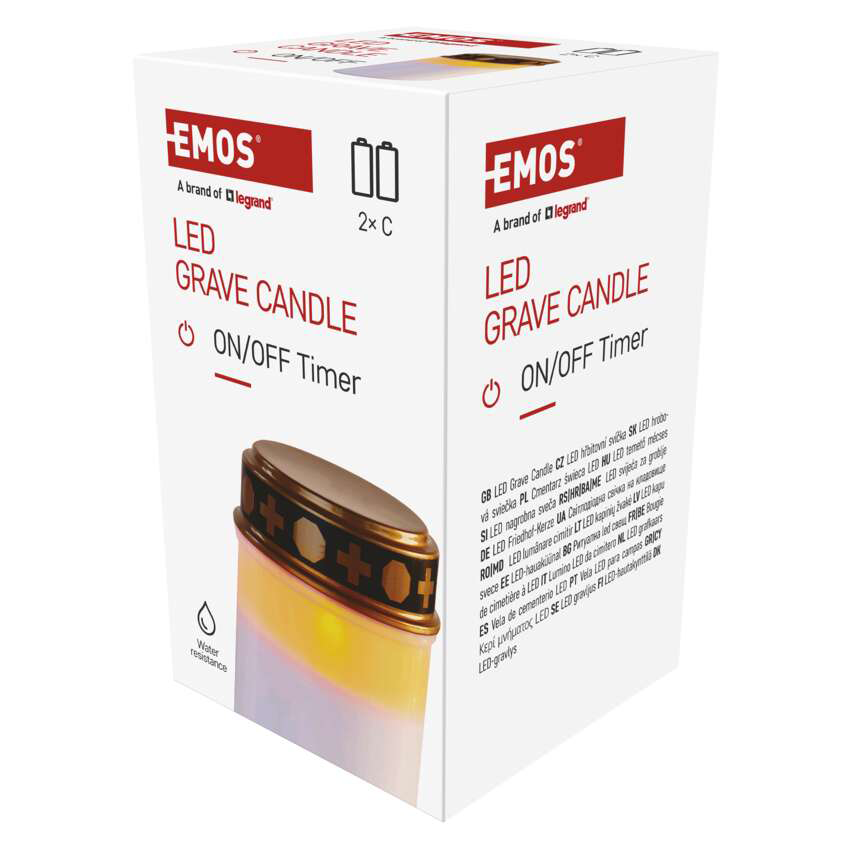LED-es sírviasz doboza. Márkanév, terméknév, be/ki időzítő, akkumulátor típusa és vízállóság.