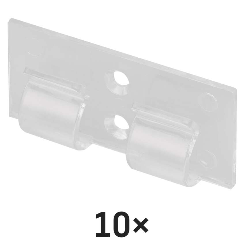 Átlátszó műanyag tartó két hengeres tartóval és két lyukkal. A "10x" szöveg a kép alján található.