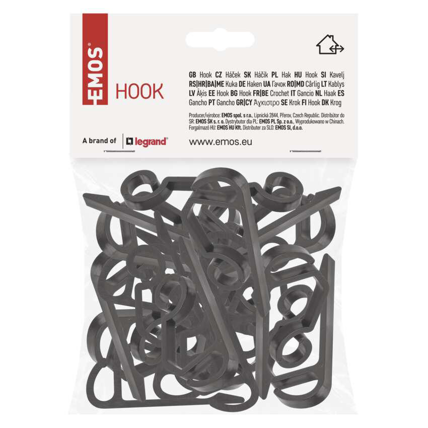Egy csomag fekete kampó. A csomag fehér, rajta a 'HEMOS' márkanév és a 'HOOK' felirat.