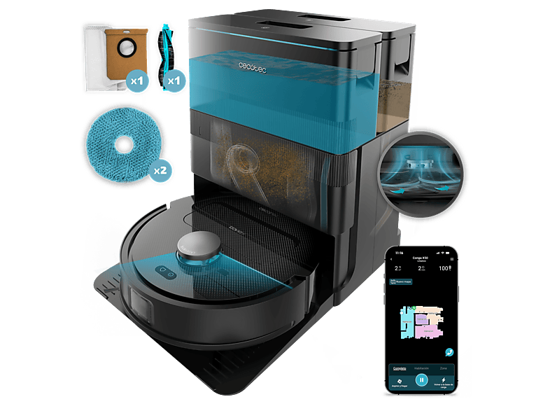 REACONDICIONADO Seminuevo Muy bueno Robot friegasuelos - Cecotec Conga X50, 50 W, 240 min Autonomía, Navegación Láser, Fregado Spin, 15000 Pa, Negro