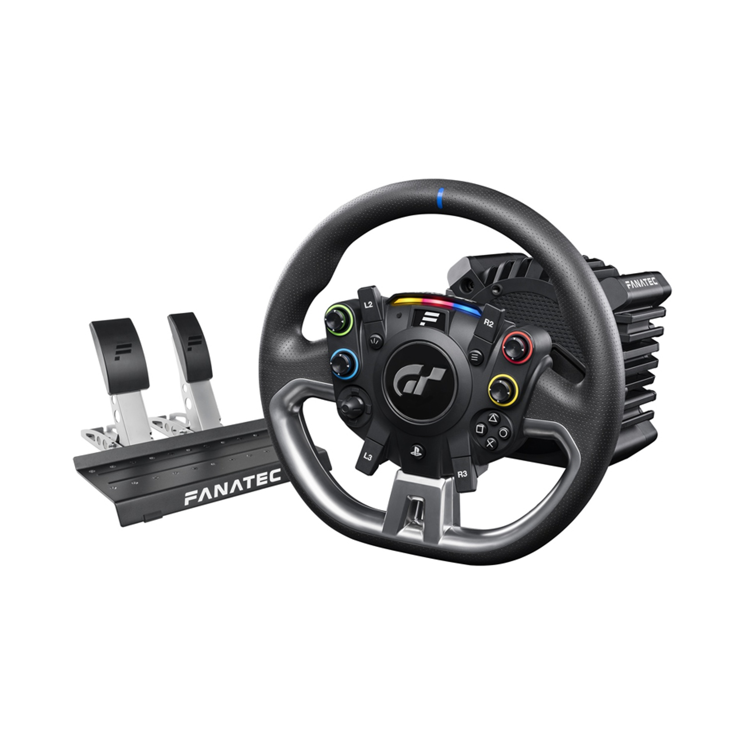 Un volante da corsa Fanatec con pedali. Il volante è nero con pulsanti colorati e telaio argentato. I pedali sono argento e neri.