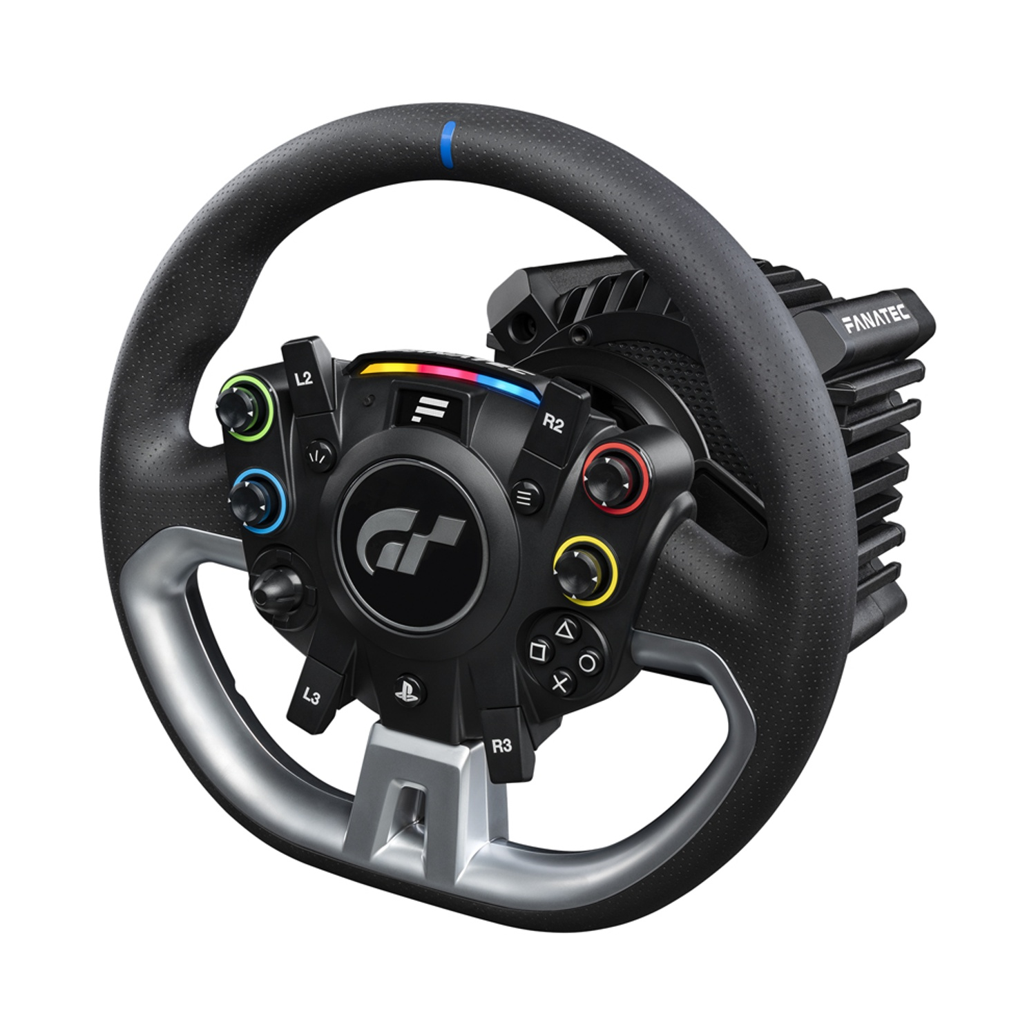 Un volante da corsa nero e argento con vari pulsanti colorati e un'etichetta 'FANATEC'. Il volante ha un logo Playstation.