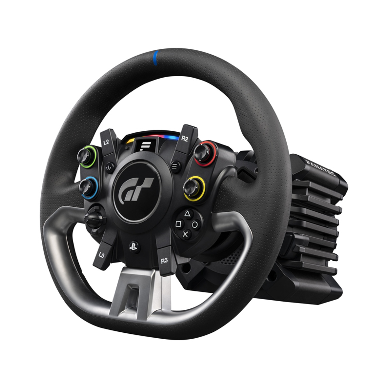 Un volante da corsa nero con pulsanti, base argentata e impugnatura nera perforata su sfondo bianco.