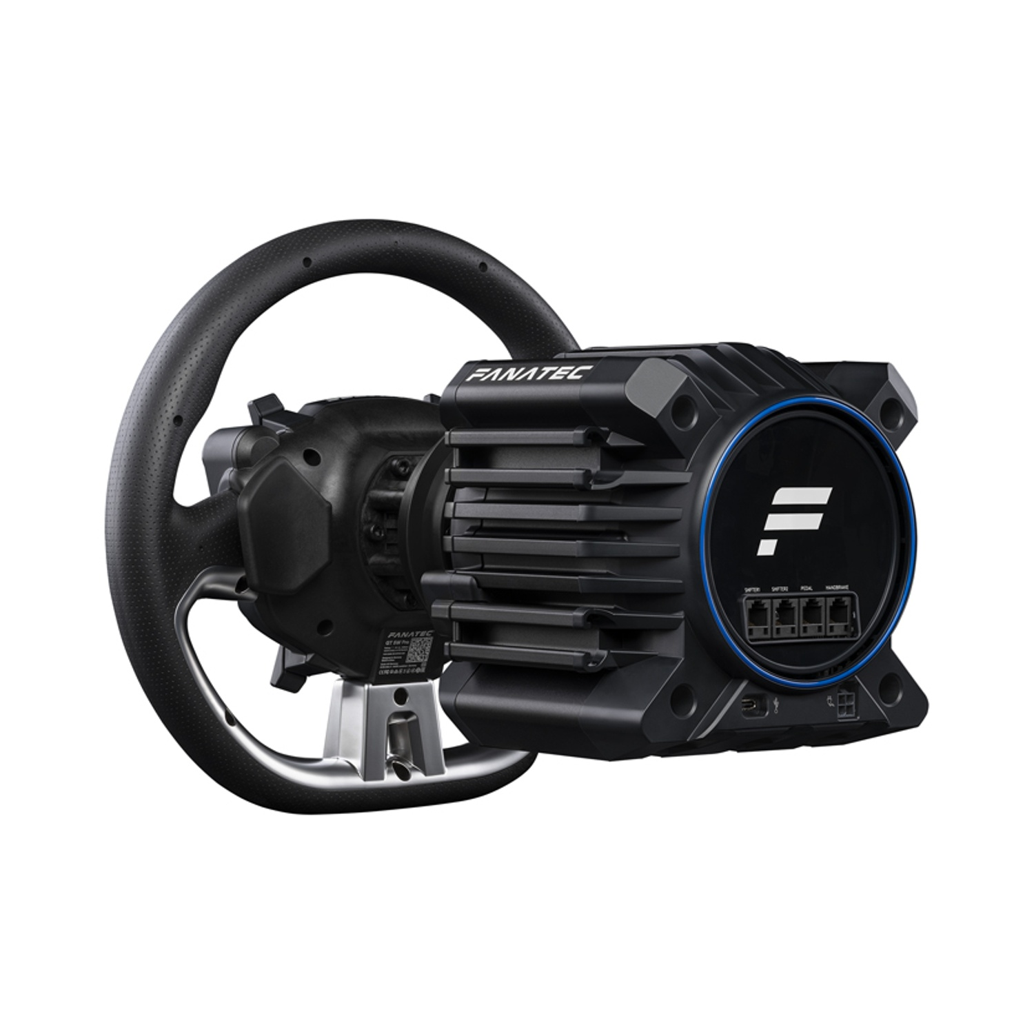 Un volante da corsa Fanatec nero con volante rotondo, base nera e anello blu. Lo sfondo è bianco.