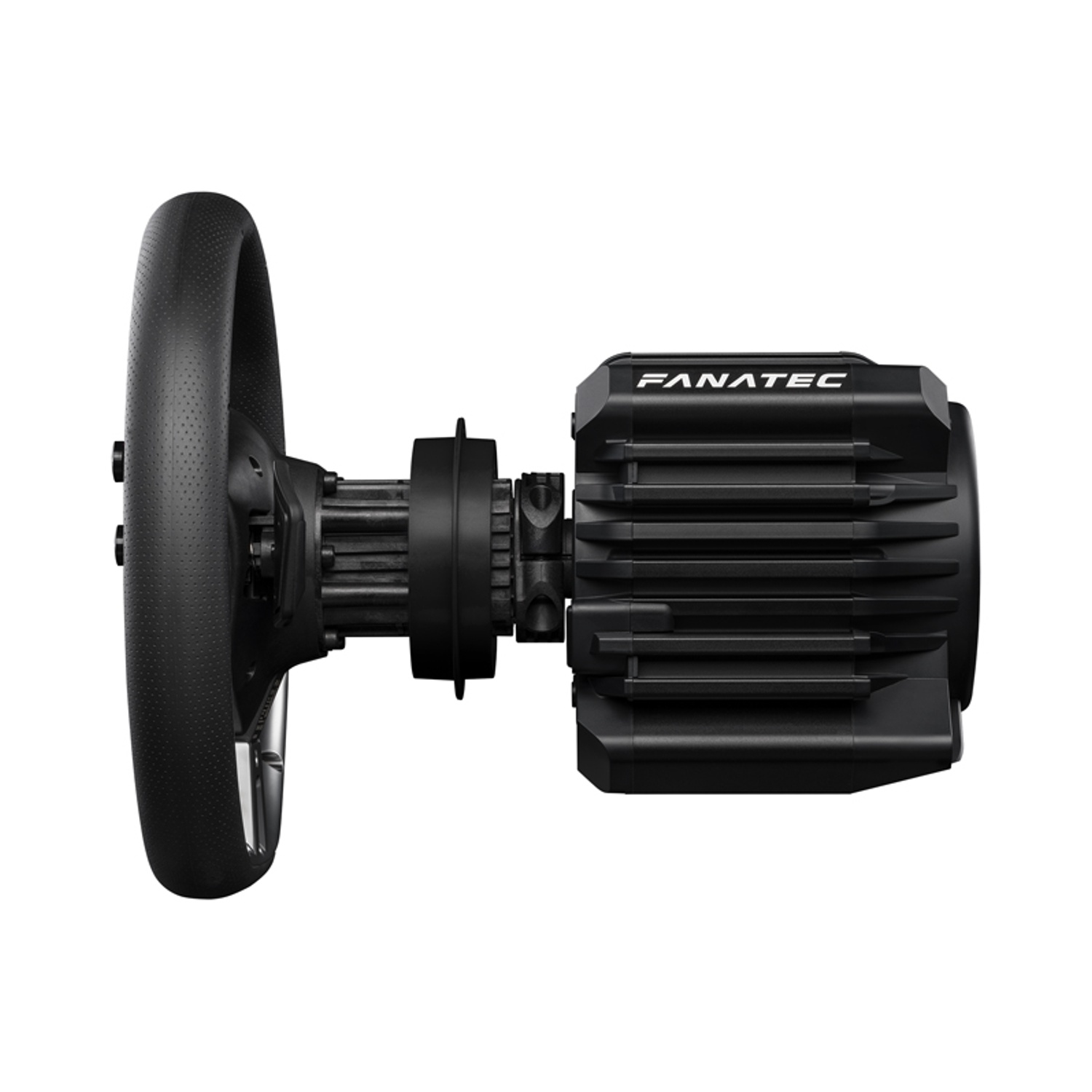 Una base e un volante da corsa Fanatec neri. Il volante è a sinistra, la base a destra. Il logo è visibile.