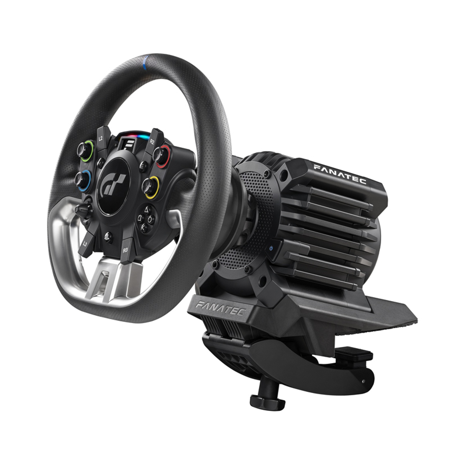 Un volante da corsa Fanatec nero con pulsanti, uno schermo e una cornice argentata. La base è nera con ventilazione.
