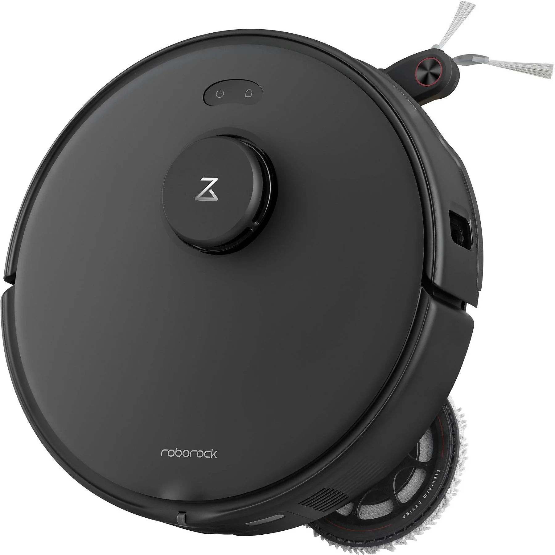 Egy fekete Roborock robotporszívó, kerek testtel és tisztítókefékkel.