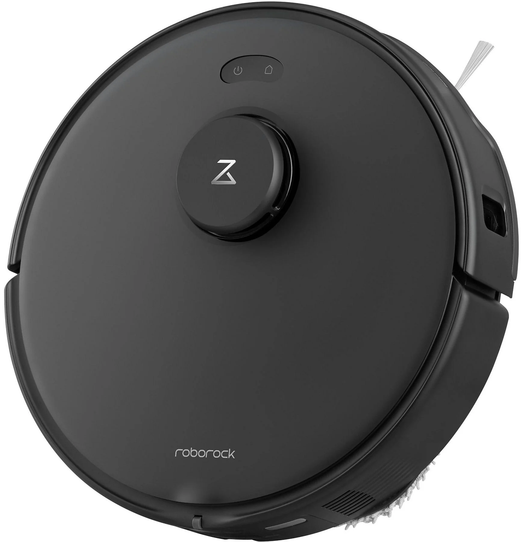 Egy fekete Roborock robotporszívó, kerek, középső gombbal és a Roborock logóval.