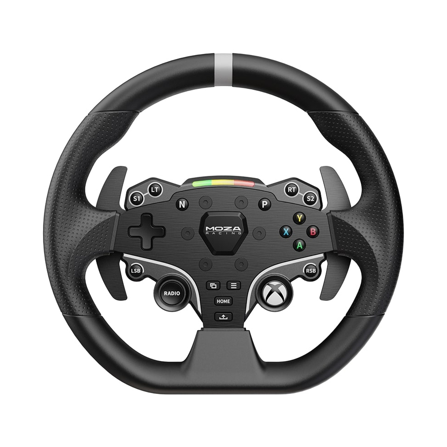 Un volante da corsa nero con pulsanti, levette e un pannello centrale. Il volante ha un'impugnatura perforata e una striscia argentata nella parte superiore.