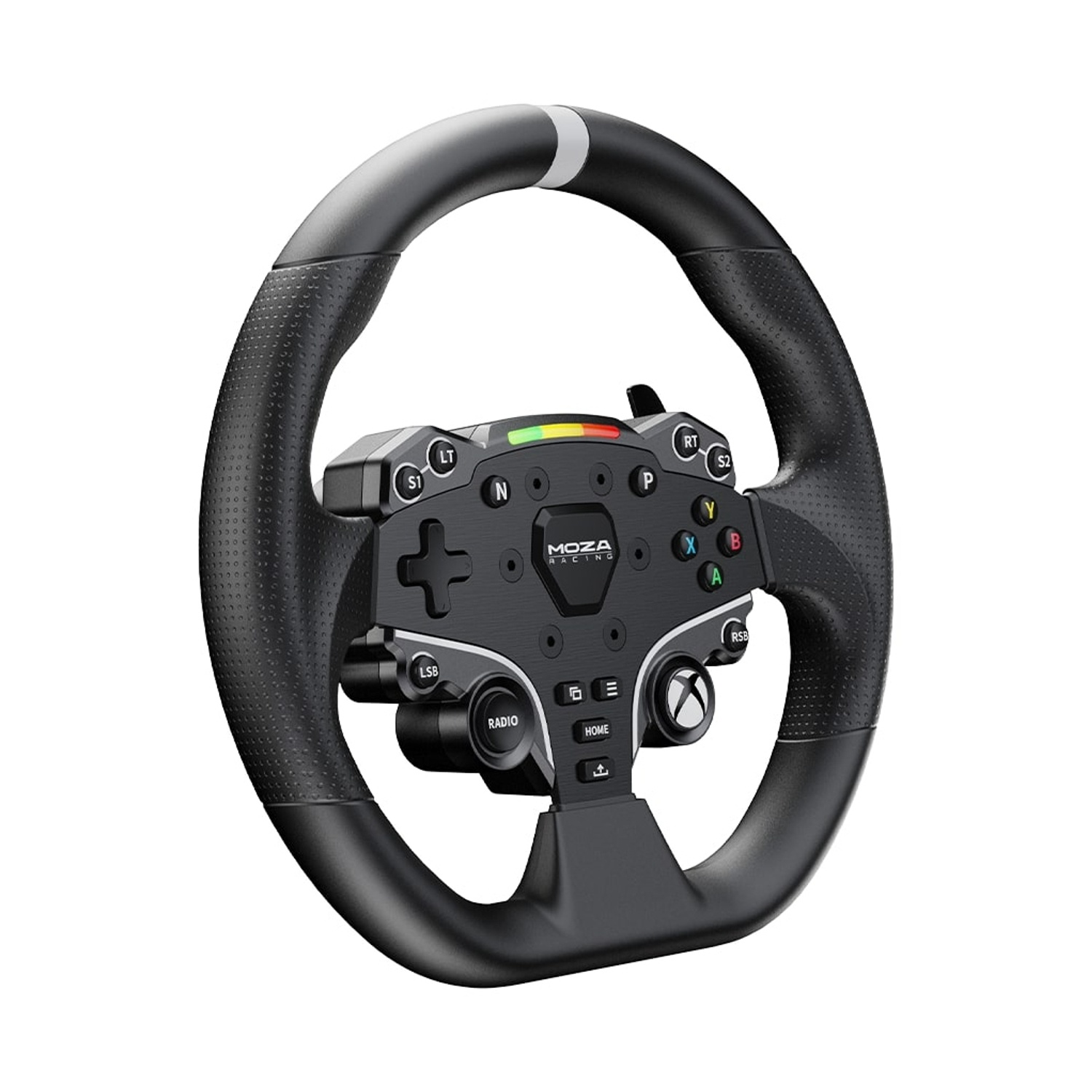 Un volante da corsa MOZA nero con pulsanti e controlli, su sfondo bianco.