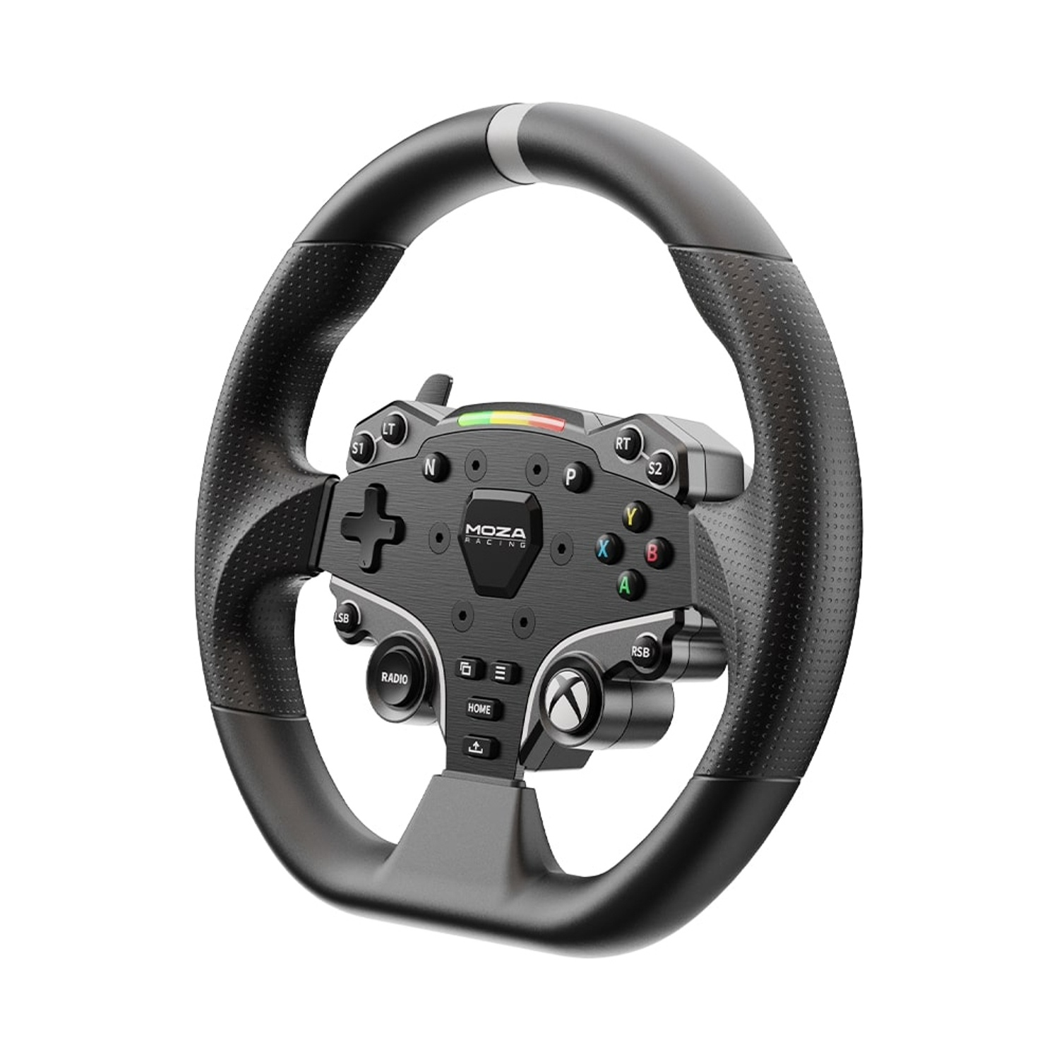 Un volante da corsa nero con pulsanti, quadranti e logo MOZA. Ha un'impugnatura perforata ed è su sfondo bianco.