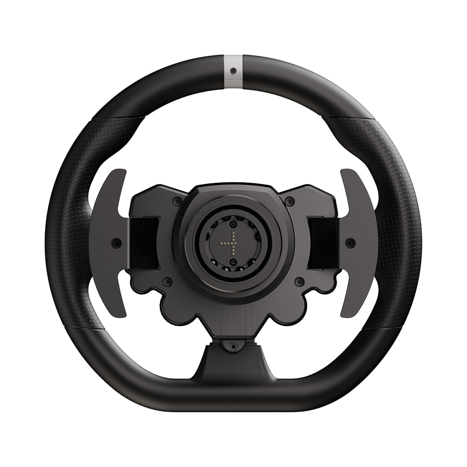 Un volante nero con paddle al volante e console centrale. Il volante ha un'area di presa perforata. Isolato su sfondo bianco.
