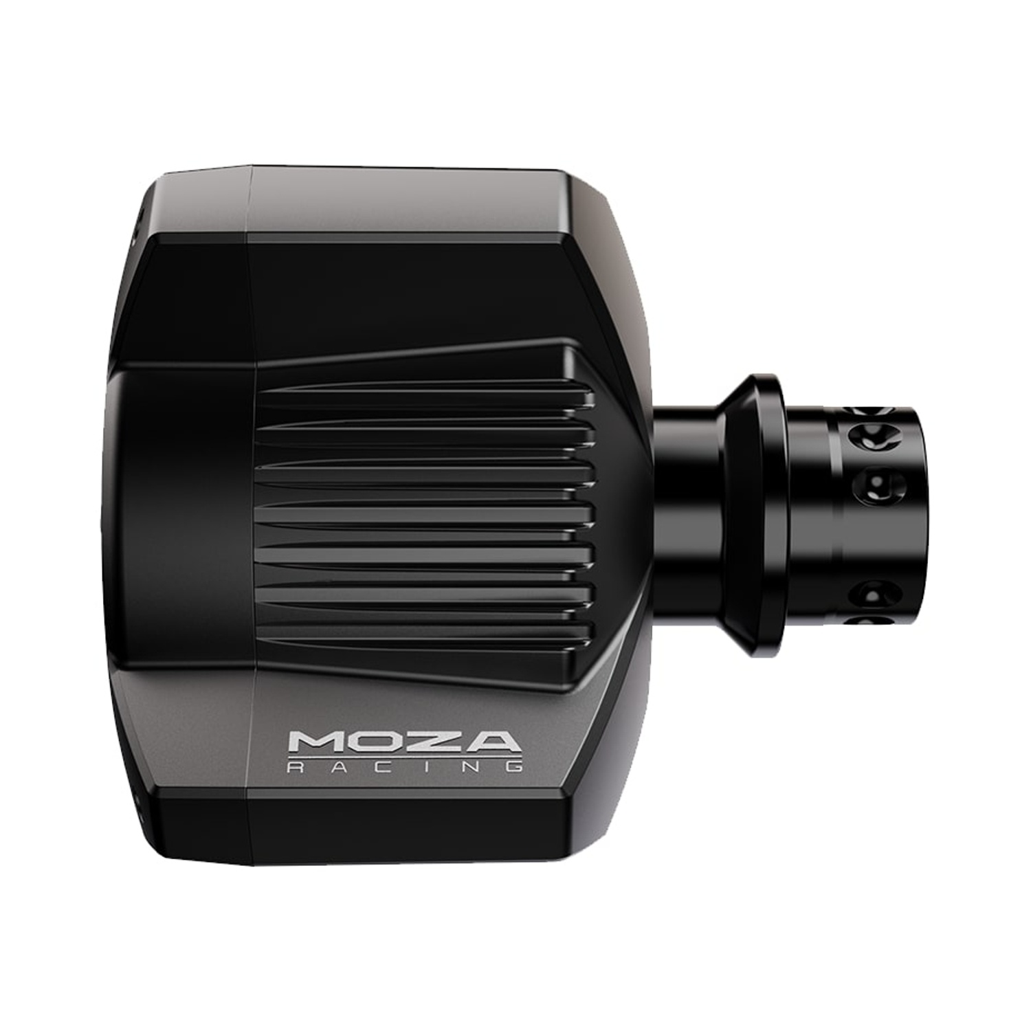 Un dispositivo MOZA Racing nero. Ha una forma a scatola con un'estensione cilindrica a destra. Il logo del marchio è visibile.