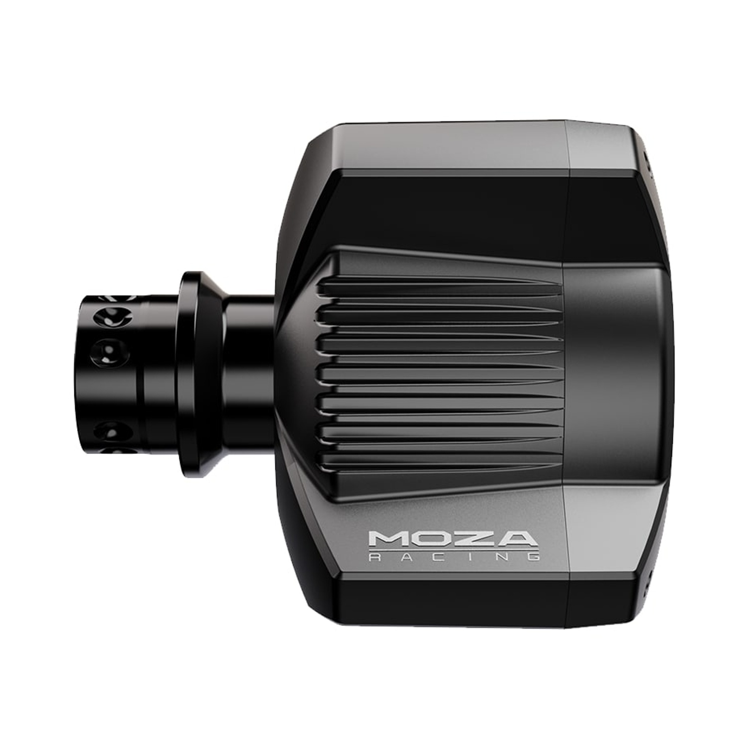 Dispositivo MOZA Racing nero. Cilindrico con lato a coste. È visibile un pannello argentato con "MOZA RACING".