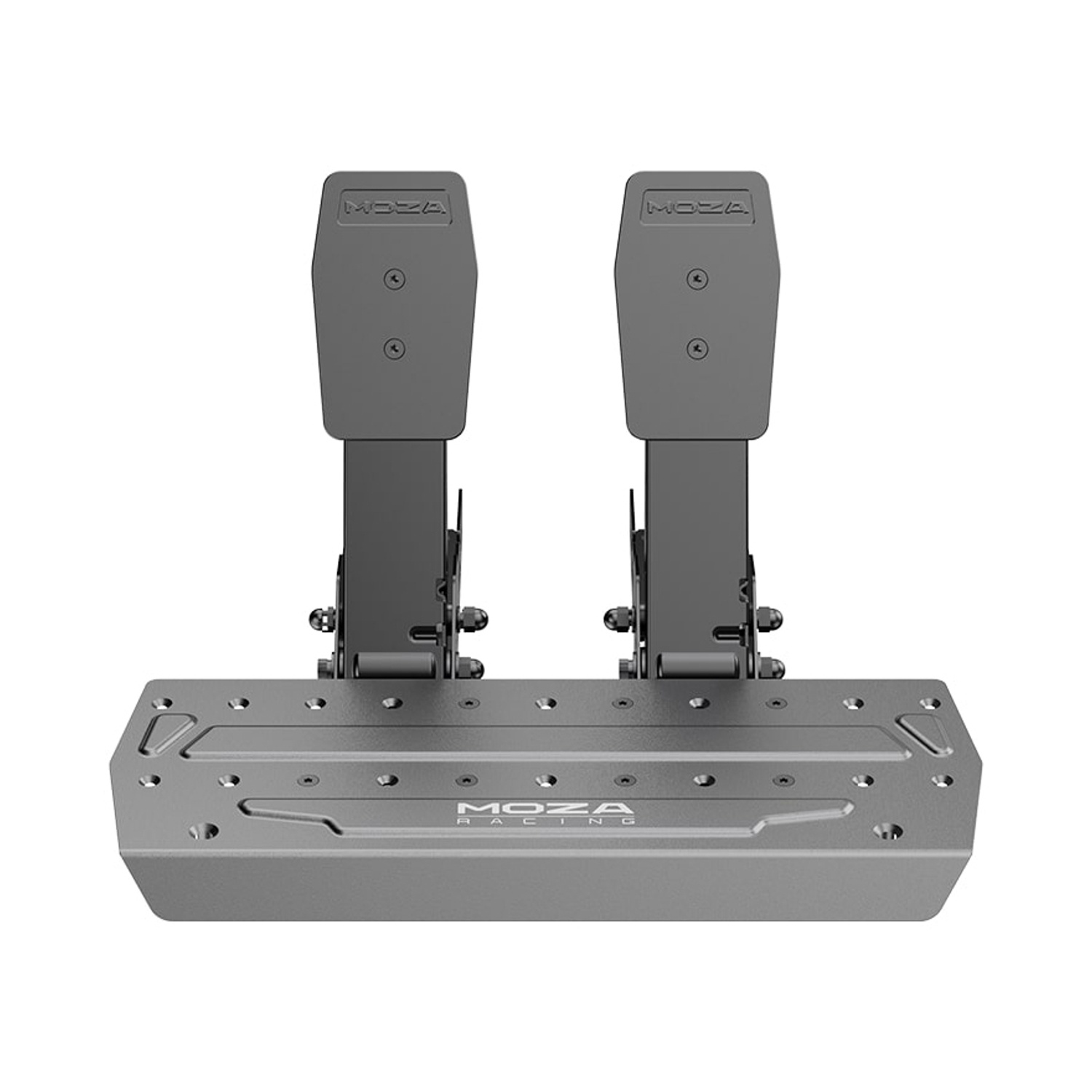 Un set di pedali da corsa grigio. Due pedali in alto, montati su una base con l'etichetta MOZA Racing. I pedali sono grigi e metallici.