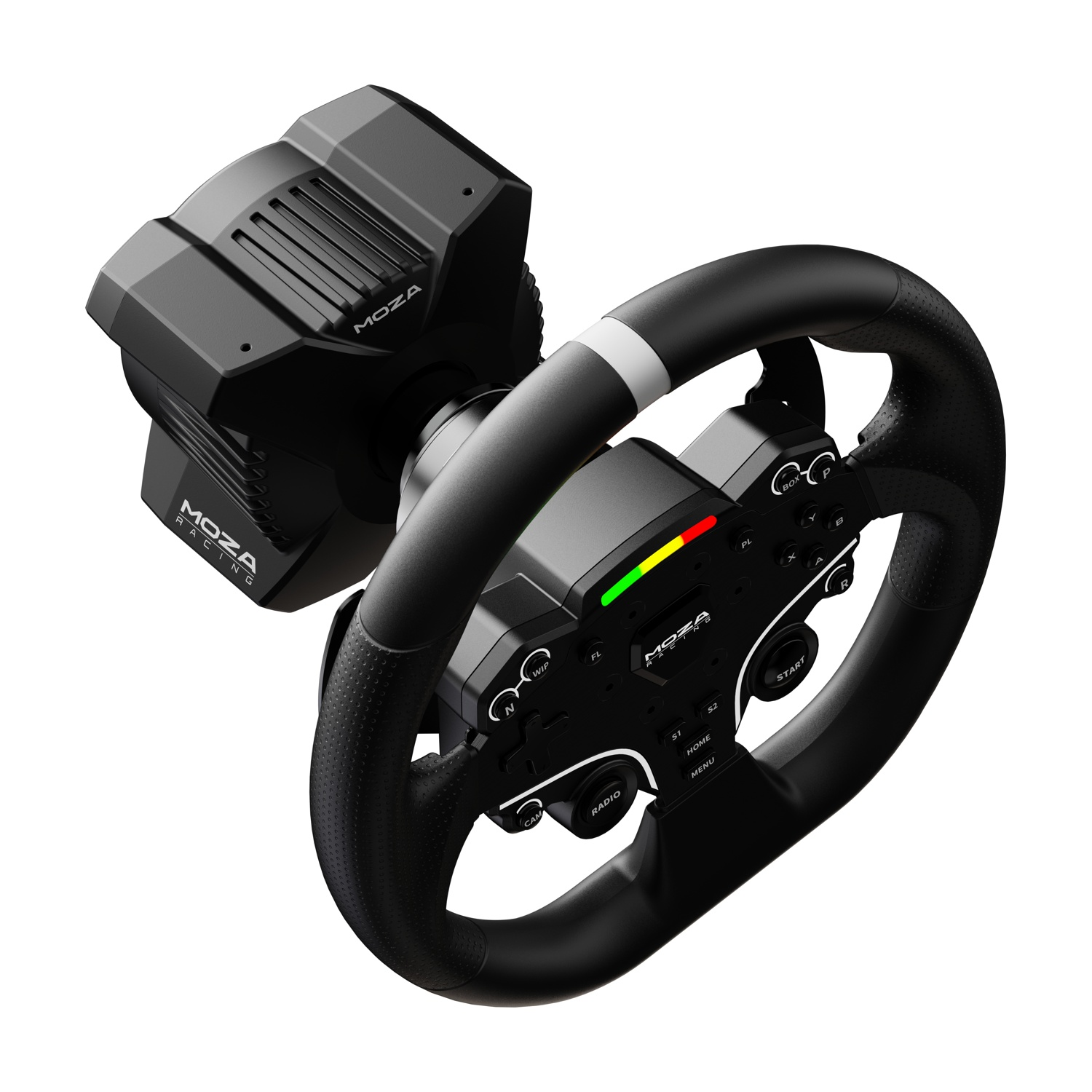 Un volante da corsa MOZA nero, con pulsanti, un display e una base nera. Lo sfondo è bianco.