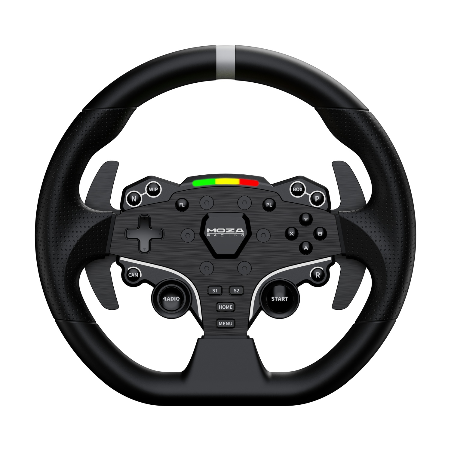 Un volante da corsa nero con pulsanti, quadranti e paddle. Al centro c'è il logo MOZA Racing.